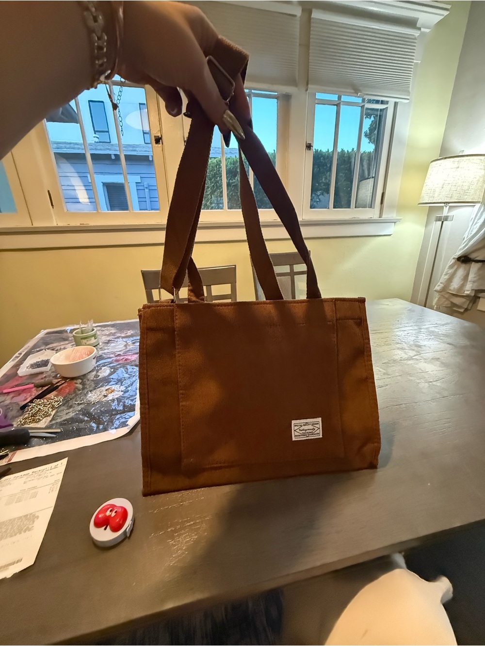 Brown Canvas Tote Bag with Logo Patch